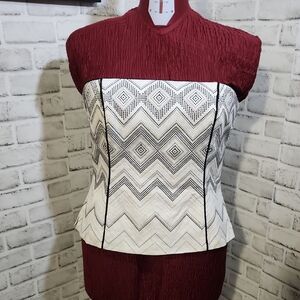 White House Black Market White and Black Strapless Chevron Top